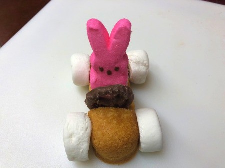Peeps Racers - put marshmallows on the toothpicks, place bunny in the seat, and add a chocolate covered pretzel as the steering wheel