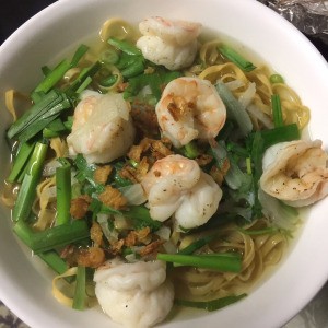 Pork and Shrimp Wonton Noodle Soup in bowl