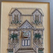 Searching for Old Cross Stitch -Pattern - two story house with dormer windows and hanging ferns on porch