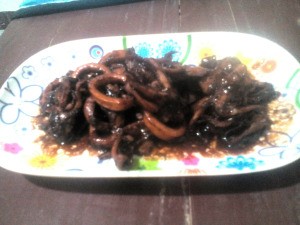Sweet Spicy Squid Adobo on plate