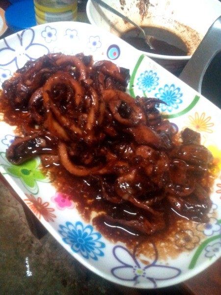 Sweet Spicy Squid Adobo on plate