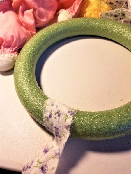 Bunny Wreath - wrapping fabric strips around a foam wreath form