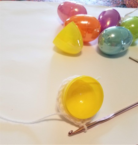 Crocheted Easter Egg Cups - chain 2, make 1 HDC in previous 20, repeat for 2 more rows