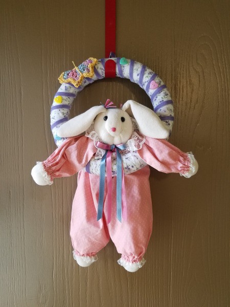 Spring Colored Bunny Wreath - bunny hanging in wreath