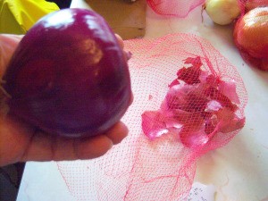 A peeled onion with the peels in a mesh produce bag.