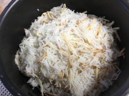 cooked rice & noodles in pan