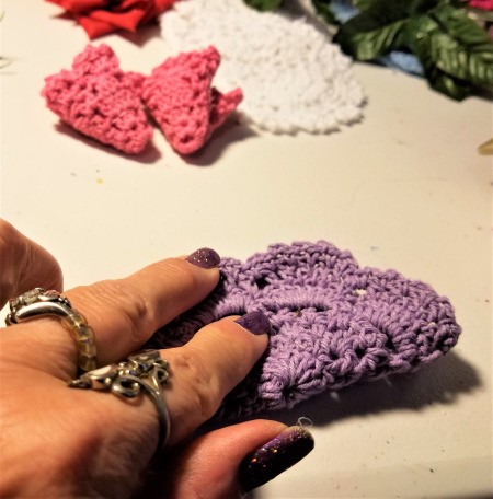 Crocheted Doily Roses - chose doily and fold in half and glue, roll and then glue again