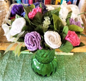 Crocheted Doily Roses - final arrangement