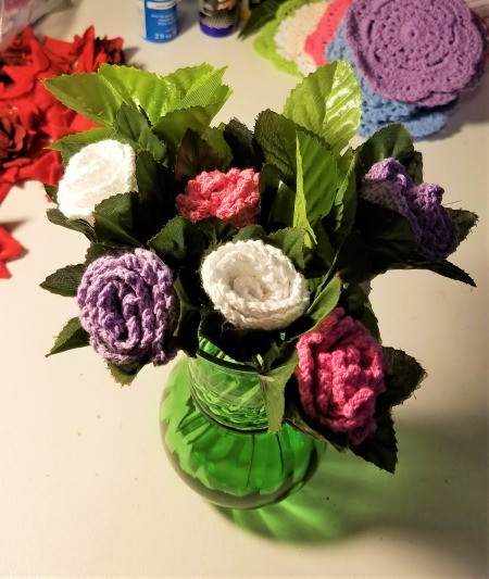 Crocheted Doily Roses - in vase before adding white flowers