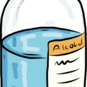 An illustrated bottle that is marked "Alcohol".