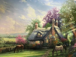 Value of a Thomas Kinkade Print - thatched roof cottage with horses