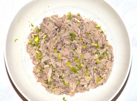A mixture of cooked and chopped beef, green onions and spices, for taquitos.