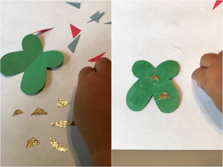 Making a Kid's Paper Butterfly Bracelet - stick paper bits to butterfly