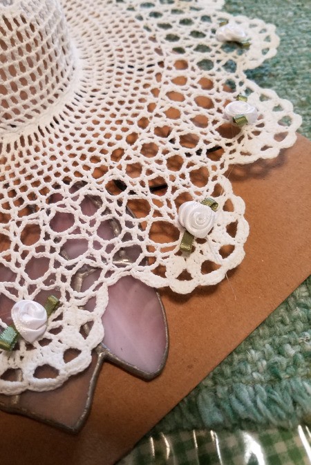 Baby Chick Easter Hat - close up of tiny white roses attached to hat brim