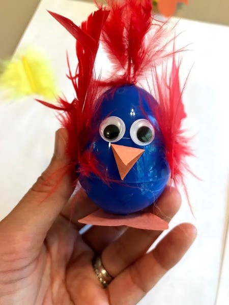 Plastic Egg Baby Chicks - blue chick with red feathers