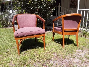 Value of African Teak Chairs - two light wood upholstered chairs