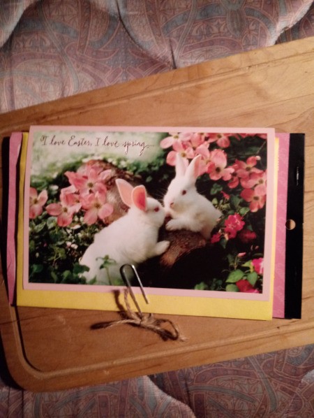 Easter Card Notebook with Stickers - add a twine bow to the paper clip