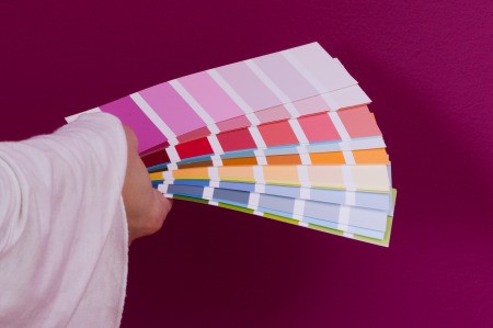 Hand holding up a stack of paint samples to a magenta wall.