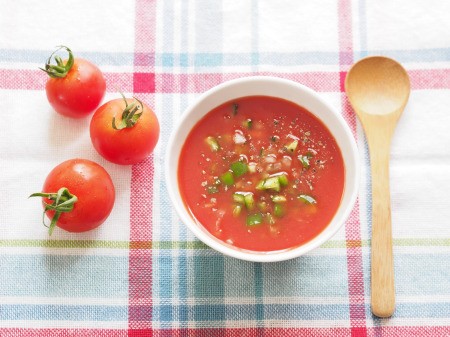 A bowl of gazpacho, a cold tomato and vegetable soup.