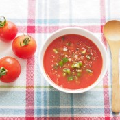 A bowl of gazpacho, a cold tomato and vegetable soup.