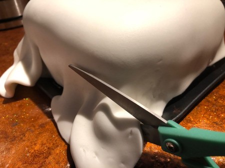 DIY Turntable Cake - drape the rolled fondant and adjust to cover cake, trim excess with scissors