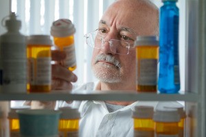 A man looking through a medicine cabinet for his prescription.