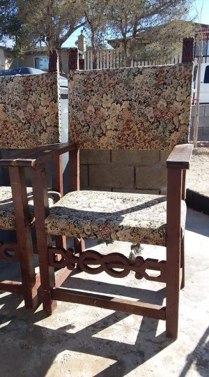 Identifying Old Chairs - brown tone chairs with decorative front rail and upholstered back and seat