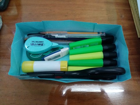 How to Make a Paper Office Supplies Container - after gluing the corners, add supplies