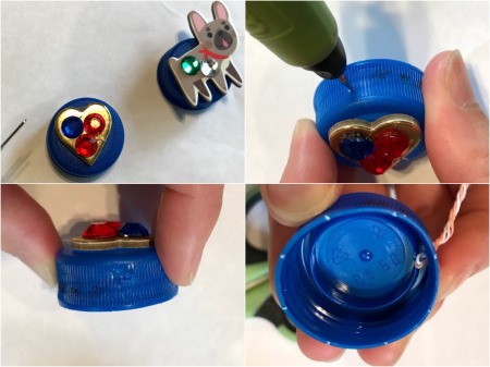How to Make a Bottle Cap Necklace for Toddlers - piercing a hole in the cap and adding twine cord