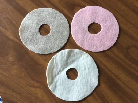 Donut Pin Cushion - three colors of felt cut into donut shapes