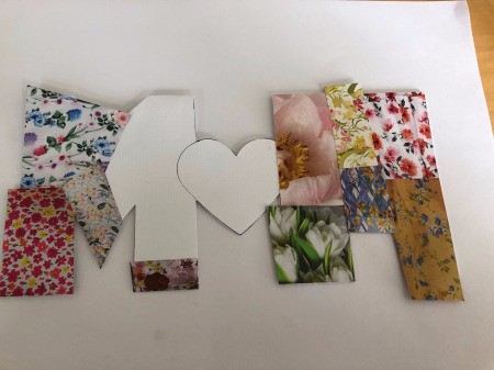 Cut Out "MOM" Card for Mother's Day - begin gluing down pieces of floral paper