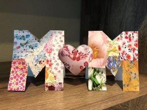 Cut Out "MOM" Card for Mother's Day - finished card standing on a shelf