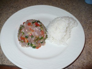 Tuna Tartare with rice on plate