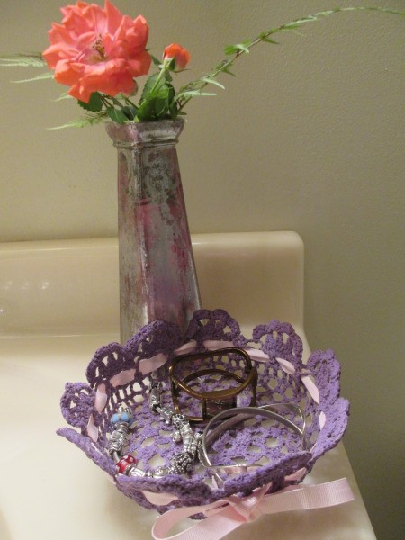 How to Make a Stiffened Doily Bowl - purple bowl with bracelets
