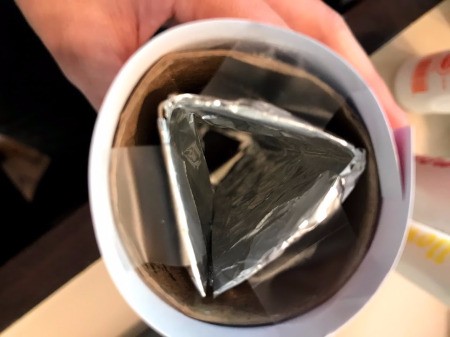 DIY Paper Towel Roll Kaleidoscope - slide the foil wrapped triangle into the tube, tape