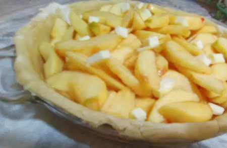 apples in pie pan with butter pieces