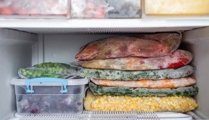 A freezer filled with vacuumed sealed foods.