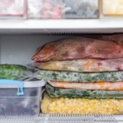 A freezer filled with vacuumed sealed foods.