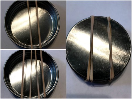 Making Toy Banjos from Jar Lids - use 2 rubber bands per lid and twist to make 4 strings