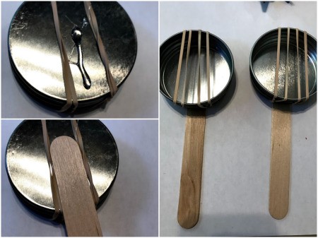 Making Toy Banjos from Jar Lids - hot glue craft stick in place on the back of the lid