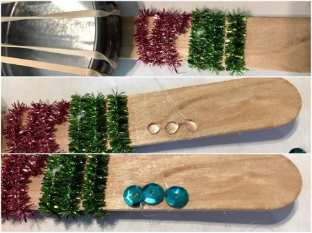 Making Toy Banjos from Jar Lids - decorate the sticks