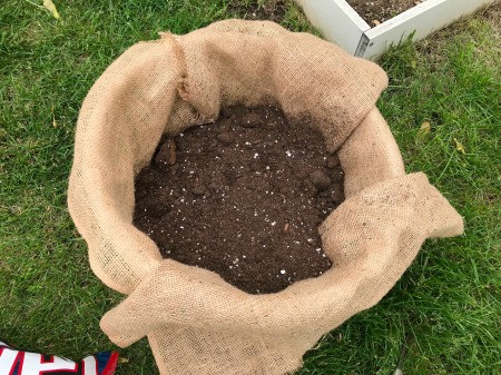 Making a Strawberry Planter from a Laundry Basket - add soil