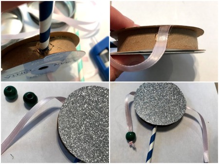 Kid Toy Rattle Drum - adding beaded ribbon to the spool sides and gluing on the straw