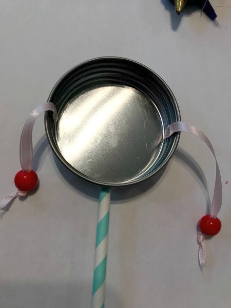 Kid Toy Rattle Drum - lid with beaded ribbons in place