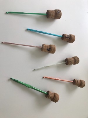 Champagne Cork Crochet Hook Savers - several hook and cork assemblies