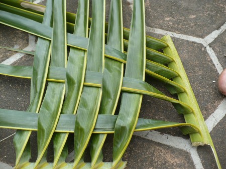 Weaving Coconut Leaf Plates - almost done weaving