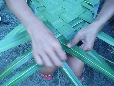 Weaving Coconut Leaf Plates - straight on photo working from the right side
