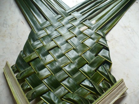 Weaving Coconut Leaf Plates - progress shown
