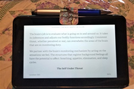 A Kindle with a pen in the clasp to avoid covering text.