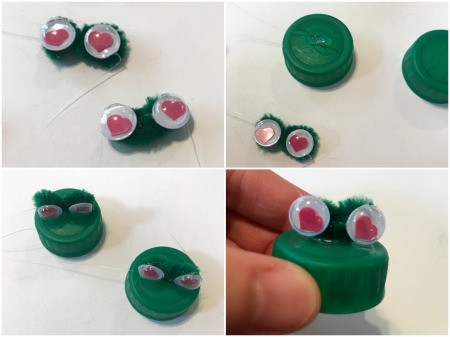 How to Make a Bottle Cap Frog Gift Tag  - glue eyes in the center of the cap